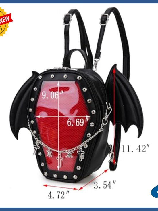 Faux Leather Coffin Backpack with Detachable Bat Wings, Enamel Pin Display main image 2